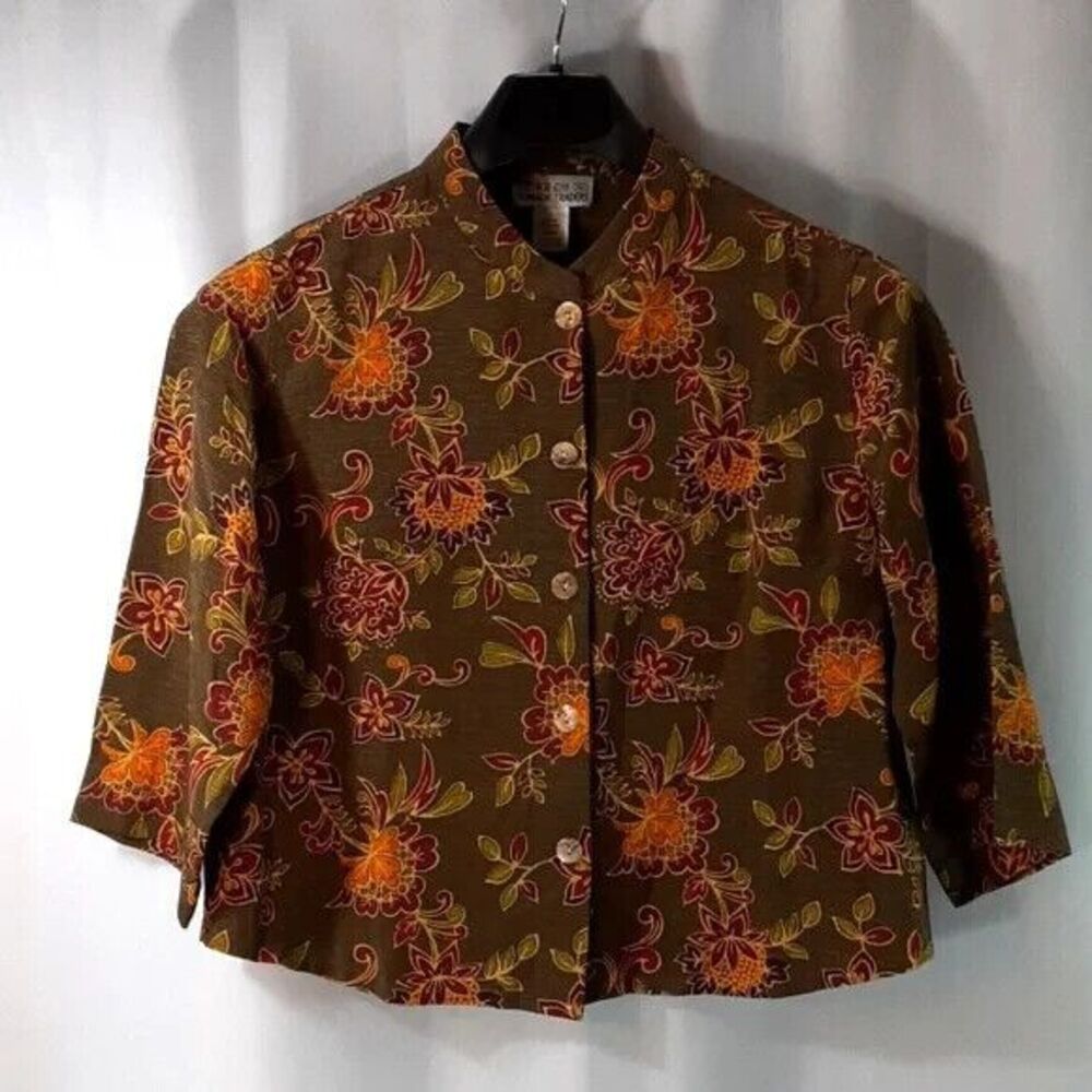 Nomadic Traders size large silk linen floral boxy 3/4 sleeve button front *